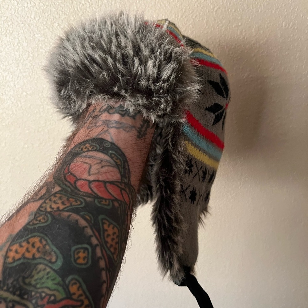Trapper Hat with Faux Fur Trim Geometric Design
